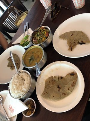 Mixed veggies and dal dishes (with roti) at Saras in Bangkok
