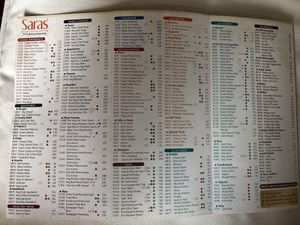 Menu at Saras in Bangkok