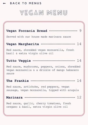 Vegan pizza menu at Pizzeria Boema in Lenox