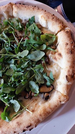 Another view of the tartufo pizza, a white pizza with garlic and arugula. Perfect size for 2 to split at Pizzeria Boema in Lenox