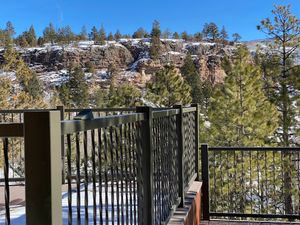 Patio seating with a beautiful view.  at Basecamp in Durango