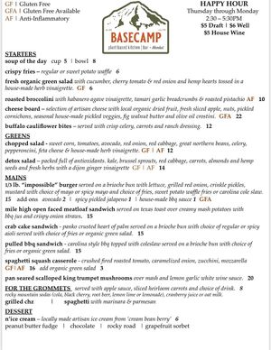 OPEN FOR LUNCH AND DINNER.
DINNER RESERVATIONS REQUIRED
Menu on our website is a sample. Menu changes daily. Items on menu shown are staple items & almost always available. at Basecamp in Durango