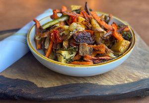 Roasted veggies and Royal King Trumpet mushrooms with crispy tempeh at Basecamp in Durango
