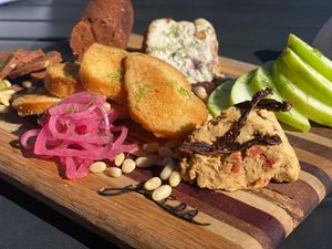 Housemade vegan sun dried tomato cheese. 💜 at Basecamp in Durango