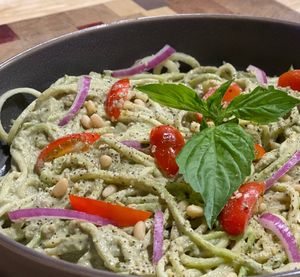 Special this week. Zucchini noodle pasta with pesto (raw, gluten and oil free).  at Basecamp in Durango
