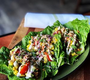 Special- Raw walnut meat tacos with corn salsa and cilantro lime crema.  at Basecamp in Durango