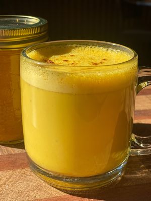 House-are Golden Milk!  Delicious and packed full of health benefits. 💜 at Basecamp in Durango