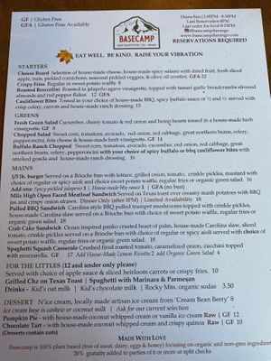 Menu  at Basecamp in Durango