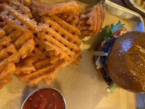 Impossible burger with sweet potato fries  at Basecamp in Durango