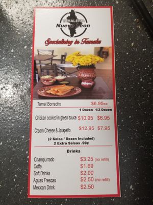 Menu at Tamalería Nuevo Leon in Richardson