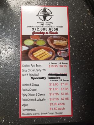 Menu at Tamalería Nuevo Leon in Richardson