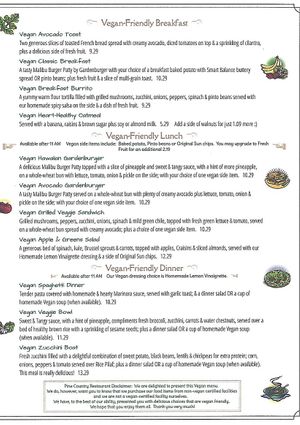 Vegan menu at Pine Country Restaurant in Williams