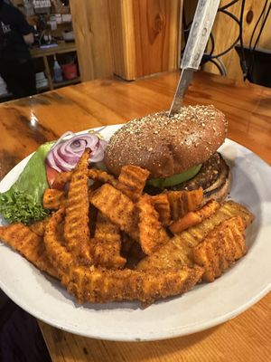 Avocado burger with sweet potato friess  at Pine Country Restaurant in Williams