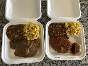 Southern Fried Chik’n, Coconut Crusted Chik’n, baked beans, Mac & cheese at Binge Kitchen in Austin