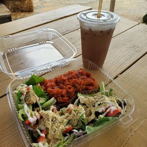 Eggplant toast and Dirty Rosie. at Yucca Valley Outpost in Yucca Valley