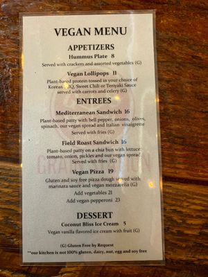 Vegan menu- they were out of e vegan spread and chia bun but had a different vegan bun they gave us at Grain Station Brew Works in Mc Minnville