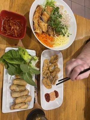 spring rolls, fried squid, rice noodle salad with vegan pork  at Saigon Xua Vegan Restaurant in Springvale