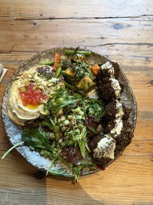 Falafel, hummus and vegetables   at Honest Greens - Born in Barcelona