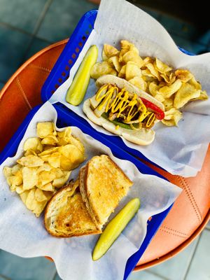 Grilled cheezzzzee and a bratwurst  at Zeganz in Charleston