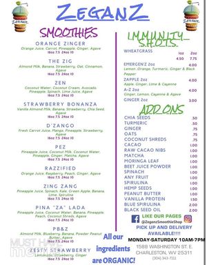 drink menu (as of october 2021) at Zeganz in Charleston