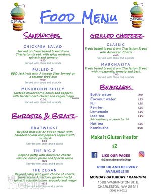 food menu w/ an assortment of other beverages (as of october 2021) at Zeganz in Charleston