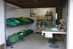 Yes, this is the farm shop, situated in a garage on the farm premises at Möhre ohne Mist in Kandel