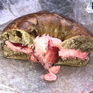Cinnamon raisin bagel with vegan strawberry cream cheese  at Babylon Bagel in Babylon
