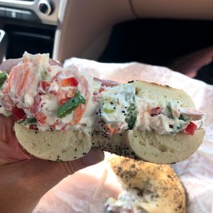 Everything bagel with vegan vegetable cream cheese  at Babylon Bagel in Babylon