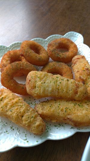 Fried vegan calamari and corn custard (pudding) at Bibo 這一煎 - Zhè Yī Jiān in Taitung