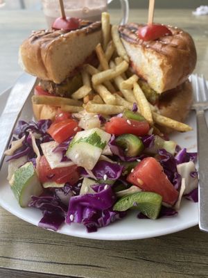 Veggie burger, fries, salad   at Punyah Cafe in Rishikesh