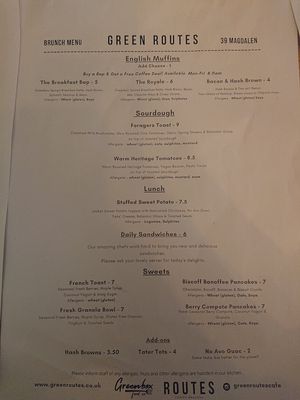 Menu (all vegan) at Green Routes Cafe in Oxford