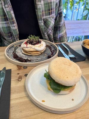 Fruit compote pancakes and breakfast bap  at Green Routes Cafe in Oxford