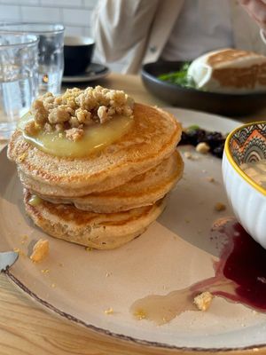 Lemon and blueberry pancakes  at Green Routes Cafe in Oxford