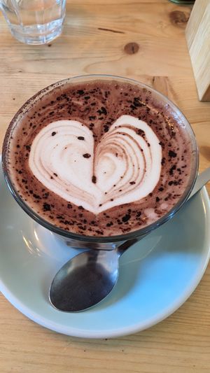 Hot chocolate with oat milk at Green Routes Cafe in Oxford