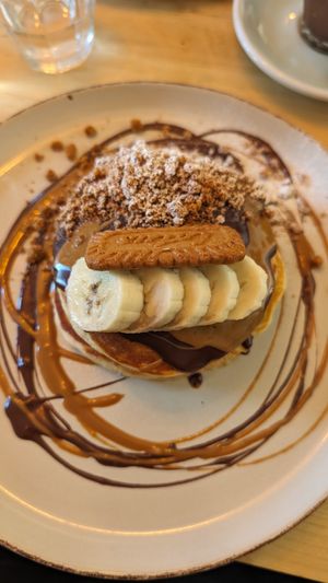 Pancakes with biscoff at Green Routes Cafe in Oxford