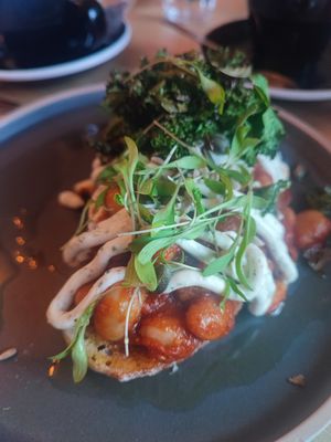 "Posh" Beans on Toast (really good but a little bit spicy for me) at Green Routes Cafe in Oxford