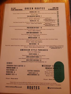 Green Routes menu in December 2024.
Posh beans on toast
Soup and sourdough
Winter Caesar salad
Big Festdev ("roast pork" in pretzel bun)
American style pancake options at Green Routes Cafe in Oxford