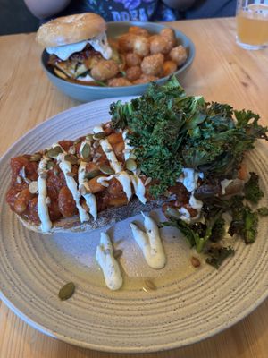 Posh beans on toast (bottom) and Bagel baby (top)  at Green Routes Cafe in Oxford