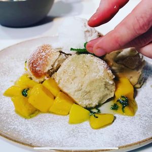 booklets with nougat filling, mango and coconut ice cream. at VHY! in Stuttgart