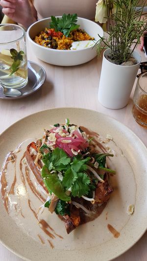 Sweet potato dish & paella in the back at VHY! in Stuttgart