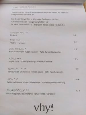 Part of menu at VHY! in Stuttgart