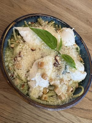 Gluten-free pasta, home made pesto, courgette, peas, «cream cheese», crushed roasted almonds, basil, «parmesan».  at Tabi Loo in Leuven