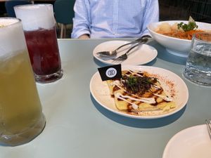 Drinks and egg at Green Common 绿客门 in Central Singapore