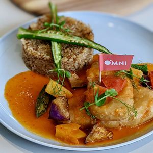 Omni Golden Assam Fishless Fillet with Buah Keluak Rice at Green Common 绿客门 in Central Singapore