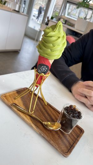 Matcha ice cream w GF cone and tapioca pearls  at Level V Bakery in Vancouver