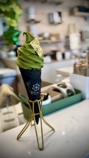 Matcha soft serve w edible GOLD in a charcoal cone 🤩😋🤤  at Level V Bakery in Vancouver