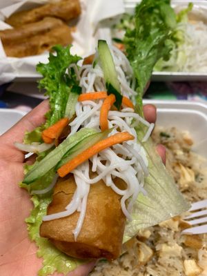 This is how I wrap my spring roll in the lettuce with the veggies and noodles on top.  at Saigon Noodle House in Kaneohe