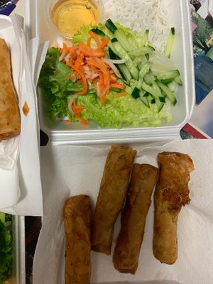 The veggie spring rolls comes with 4 spring rolls and veggies and noodles on the side. Do not use the sauce it is fish sauce.  at Saigon Noodle House in Kaneohe