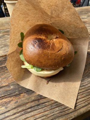Vegan emmental bagel. Note the huge slice of vegan emmental    at Budapest Bagel - Kálvin in Budapest