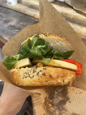 Vegan emental bagel with smoky vegan cheese, walnuts and vegan cream cheese    at Budapest Bagel - Kálvin in Budapest